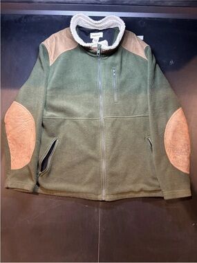 RUFF HEWN Full Zip Up Elbow Patch Sherpa Trim Black Fleece Jacket Men's Size L